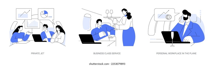 Business travel by plane abstract concept vector illustration set. Private jet, business class service, personal workplace in the plane, working luxury trip, vip passenger abstract metaphor.