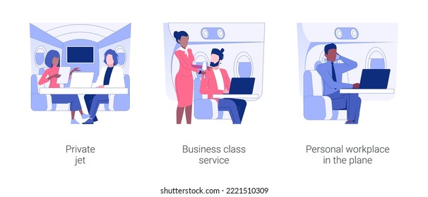 Business travel by plane isolated concept vector illustration set. Private jet, business class service, personal workplace in the plane, working luxury trip, vip passenger vector cartoon.