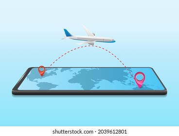business travel concept with airplane trip on mobile
