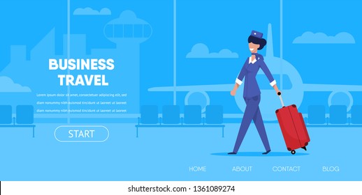 Business Travel Concept. Cartoon Woman Stewardess in Uniform with Suitcase Luggage Airport Terminal Vector Illustration. Internet App Interface Online Buy Flight Ticket Tourism Company