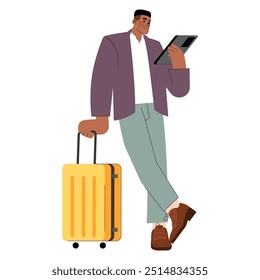 Concepto de viaje de negocios. Hombre de negocios afroamericano confiado con el equipaje usando una tableta. Emprendimiento y movilidad globales. Ilustración vectorial.