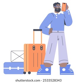 Business travel concept. Confident businessman with luggage checking his mobile phone. Professional on the go, modern communication. Vector illustration.