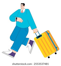 Business travel concept. Confident man strides with luggage, ready for a corporate trip. Modern professional on the move. Vector illustration.