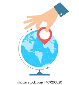 Business travel concept. Flat vector illustration of western globe hemisphere and hand with pin marker. Man is pointing a place on the map. Infographic element for web, print, social networks.