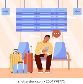 Concepto de viaje de negocios. Hombre con mapa y maletas sentado en el aeropuerto y esperando el avión. Emprendedor con viajes y vacaciones. Pasajero con horario de avión. Ilustración vectorial plana