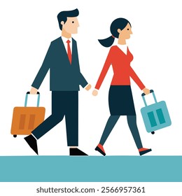 Business Travel Concept – Professional Man and Woman with Luggage Flat Vector Illustration
