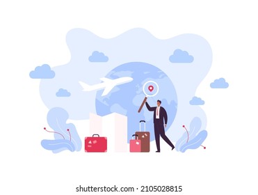 Business travel concept. Vector flat people illustration. Businessman hold magnifying glass in map pin on planet earth with plane background. Suitcase, luggage bag, guide symbol