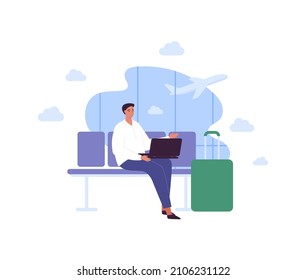 Business travel concept. Vector flat people illustration. Young adult businessman with laptop sitting in departure lounge on airport terminal window with air plane background.