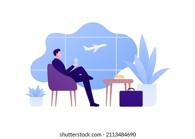 Business Travel Concept. Vector Flat People Illustration. Male Businessman Executive In Suit Sitting With Wine Glass And Relax In Vip Departure Lounge On Airport Window With Air Plane Background.