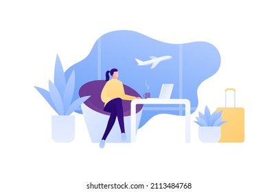 Business travel concept. Vector flat people illustration. Young adult woman with hot coffee, laptop sitting and writing in vip departure lounge on airport terminal window with air plane background.