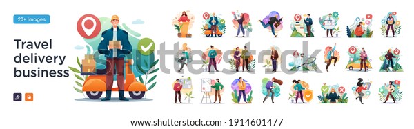 Business Travel, Delivery
and social media illustrations. Mega set. Collection of scenes with
men and women taking part in business activities. Trendy vector
style