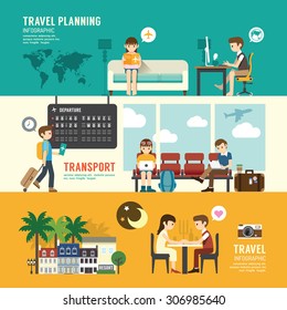 Business travel design concept people set planning, searching, sitting, departure time in airport terminal. with flat icons. vector illustration