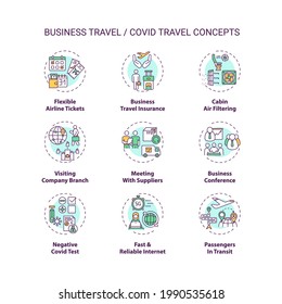 Business travel during coronavirus pandemic concept icons set. New normal idea thin line RGB color illustrations. Additional safety measures. Vector isolated outline drawings. Editable stroke