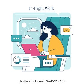 Eficiência de viagens de negócios e trabalho remoto durante os voos. Profissionais usam notebooks para permanecerem conectados enquanto voam, combinando produtividade com viagens. Ideal para temas de cultura de trabalho moderno. Vetor