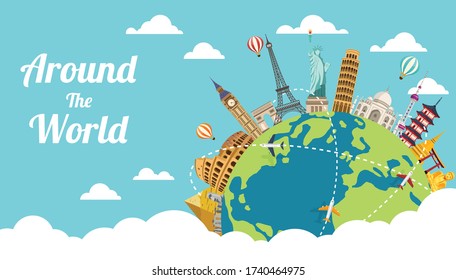 Business travel with famous world landmarks. Concept website template. Road trip. Journey and Tourism. Vector illustration modern flat design. 