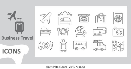 Icono de viajes de negocios Arte de línea: Reserva de viajes, Traslado al aeropuerto, Reserva de hoteles, Reuniones de negocios, Check in de vuelos, Gestión de gastos e Itinerario de viajes Iconos de tendencias Nuevas.