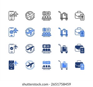 Business Travel icon sheet multiple style, Boarding, Airport, Lounge, Luggage, Visa.