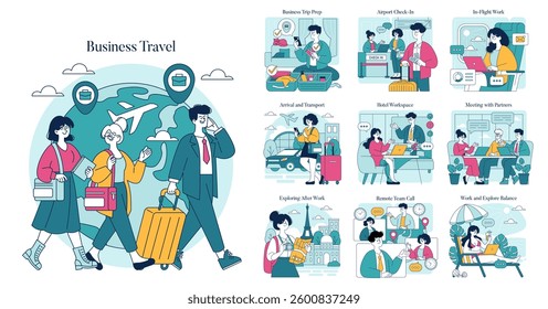 Business travel illustration captures essential moments such as trip preparation, airport check-in, in-flight work, hotel workspace, meetings, and exploring destinations, showcasing a balanced travel