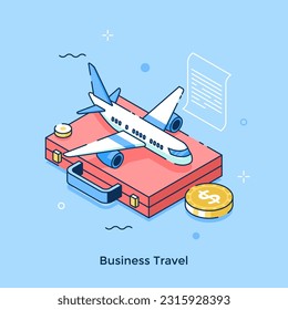 Business Travel isometric concept vector illustration. Flight abroad to meet partners. Passenger plane and briefcase cartoon composition on blue background for web design. Creative idea for website