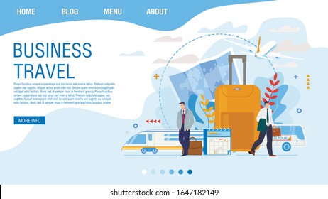 Business Travel Planning Official Journey Scheduling Online Service. Businessmen With Suitcases Travelling By Bus, Railway Train, Airplane. Trendy Landing Page Abstract Design. Vector Illustration