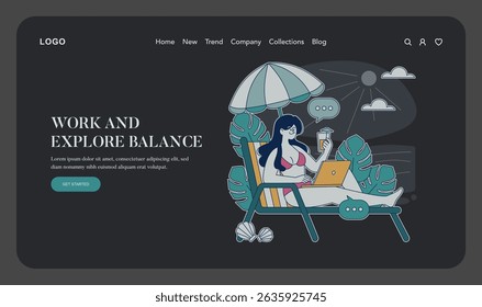 Business travel and remote work balance concept. A person works on a laptop while relaxing on a beach chair, signifying the blend of productivity and leisure. This illustrates modern work-life