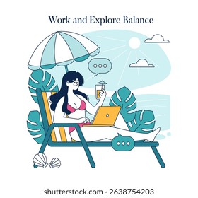 Business travel and remote work balance concept. A relaxed individual is working on a laptop while enjoying a tropical setting, showcasing the blend of work and leisure amidst nature.