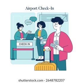 Cenário de viagens de negócios em um balcão de check-in do aeroporto. Passageiros que interagem com o pessoal e se preparam para a viagem. Destacaram-se a experiência de serviço eficiente e os preparativos para a viagem. Vetor