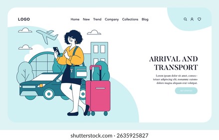 Cena de viagens de negócios com uma mulher com bagagem verificando seu telefone em um ambiente urbano. Os elementos incluem um carro e edifícios, enfatizando as viagens modernas. Projetado para plataformas de viagem. Vetor