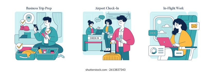 Business travel sequence illustration showing trip preparation, airport check-in, and in-flight work. Each scene captures essential moments, reflecting the modern business travel experience. Vector