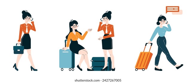 Business Travel set. Professional woman in different scenarios, from making a call to traveling with luggage. Dynamic work life on the go. Flat vector illustration