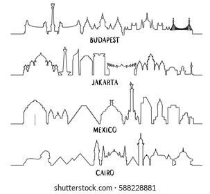 Business Travel and Tourism Concept with Historic architecture, line vector illustration. Mexico, Budapest, Jakarta and Cairo 
