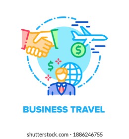 Business Travel Vector Icon Concept. Business Worldwide Travel For Signing Contract With Partners Or Visit International Conference, Businessman Flying On Airplane Color Illustration