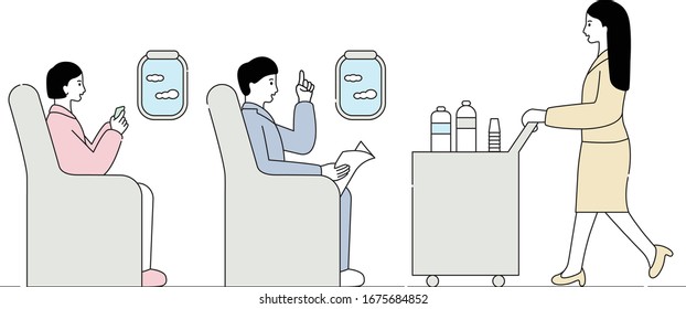 business traveler on a plane illustration set. in-flight, service, steward, seat. Vector drawing. Hand drawn style.