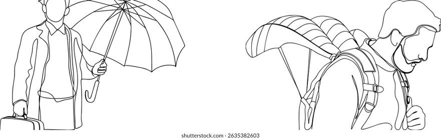 Business traveler and paraglider conceptual illustration created using continuous line drawing technique