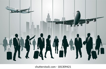 Business Travelers In The Airport Terminal. Vector Illustration