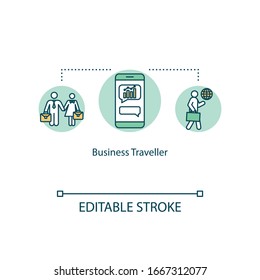 Business traveller concept icon. Work trip, journey abroad, online communication, data transfer idea thin line illustration. Vector isolated outline RGB color drawing. Editable stroke