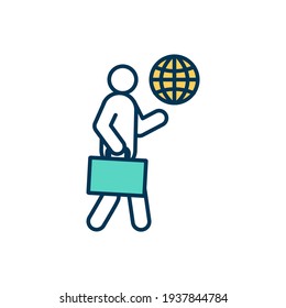 Business traveller RGB color icon. Journey for professional duties fulfilling. Corporate travel. Wifi access during journey abroad. Travel for business purposes. Isolated vector illustration