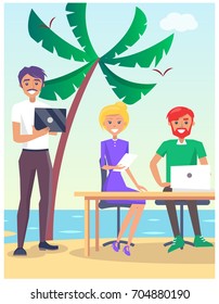 Business travelling poster with people in expensive cloth sitting at table on beach with modern computers. Vector illustration of meeting on seaside