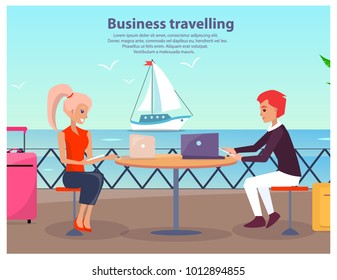 Business travelling, poster with text and title, man and woman waiting for ship and surfing web with help of laptop, isolated on vector illustration