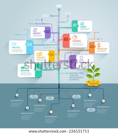 Business tree timeline infographics. Vector illustration. Can be used for workflow layout, banner, diagram, web design template.