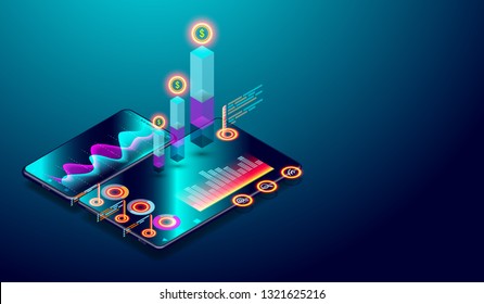 Business trend analysis on isometric smartphone screen with graphs, market trend and financial analysis vector.