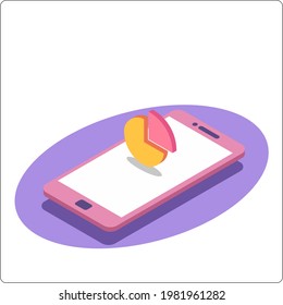 Business trend analysis on smartphone screen with graphs. Mobile phone with  chart diagram. Isometric 3d vector illustration.