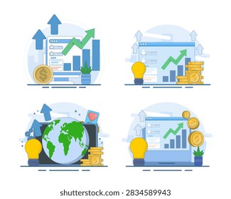 Business trend analysis set featuring data analysts, market forecasting, stock analytics, traders, brokers and future business strategies. Flat vector illustration.