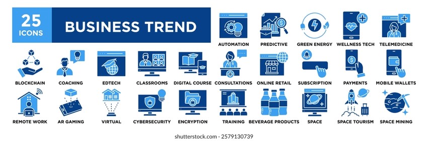 Business Trend icon collection set. Containing design, Automation Solutions, Predictive Analytics, Green Energy, Wellness Tech, Telemedicine