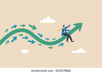 Business trend, initiative thinking to be different and lead to success, trend setter or leadership to follow, leading direction concept, businessman riding trend arrow followed by small followers. - Shutterstock ID 2235578681