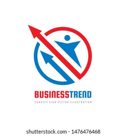Business trend logo design. Human character with arrows in circle shape. Exchange market growth graphic sign. Success progress symbol. Vector illustration. 