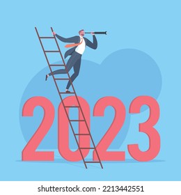 Business trends for 2023, 2023 vision, searching for opportunities or leadership concept. Businessman is looking through monocular telescope and standing on ladder above text 2023 in blue scene.