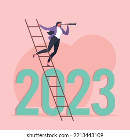 Business trends for 2023, 2023 vision, searching for opportunities or leadership concept. Businesswoman is looking through monocular telescope and standing on ladder above text 2023 in pink scene.