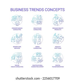 Tendencias del negocio conjunto de iconos de concepto de degradado azul. Servicios y productos populares. Ilustraciones de color de línea delgada de idea de digitalización. Símbolos aislados. Fuentes Roboto-Medium, Myriad Pro-Bold utilizadas