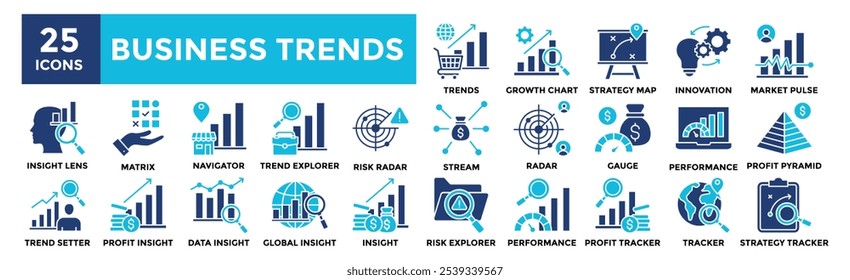 Conjunto de coleta de ícone Tendências Comerciais. Contendo negócios de design, finanças, finanças, tendência, estratégia, meta	
